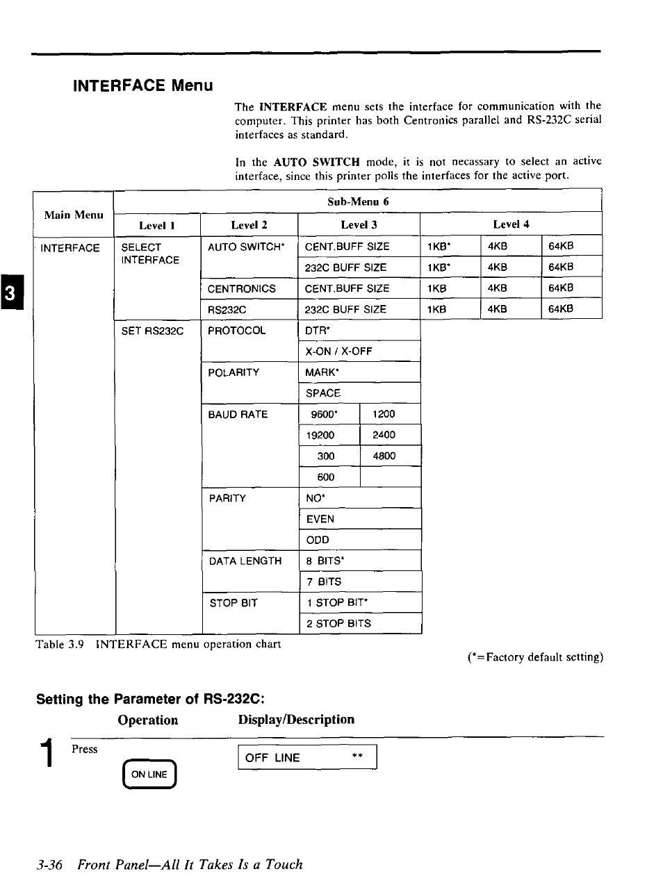36 front panel—all it takes is a touch, Interface menu, Setting the parameter of rs-232c | Off line | Panasonic KX-P4440 User Manual | Page 80 / 152