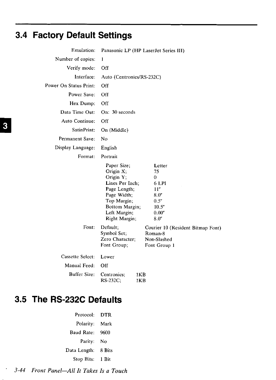 3’44 front panel—all it takes is a touch, 4 factory default settings, 5 the rs-232c defaults | Panasonic KX-P4440 User Manual | Page 88 / 152