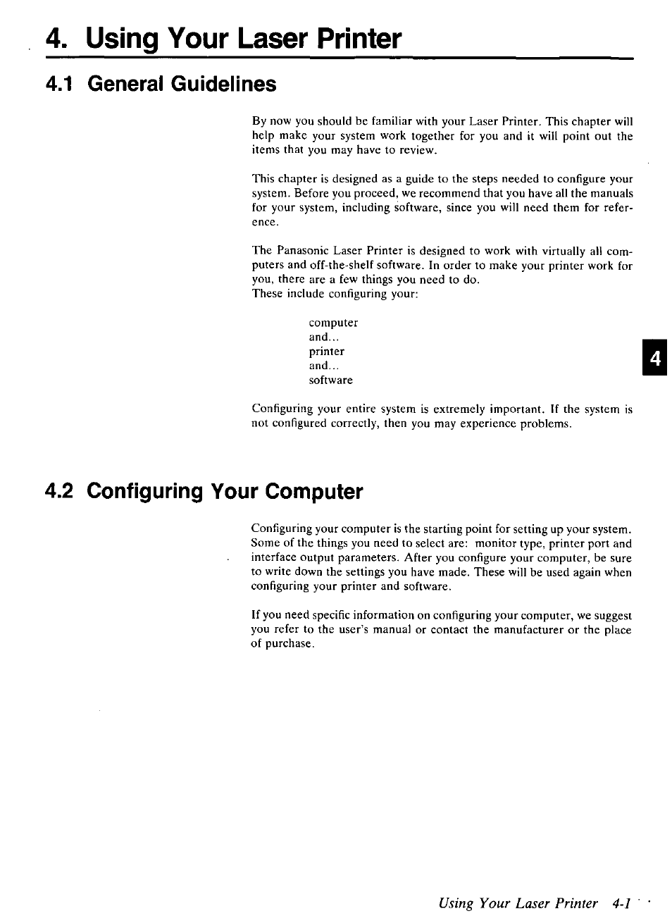 Using your laser printer, Using your laser printer 4-1, 1 general guidelines | 2 configuring your computer | Panasonic KX-P4440 User Manual | Page 89 / 152