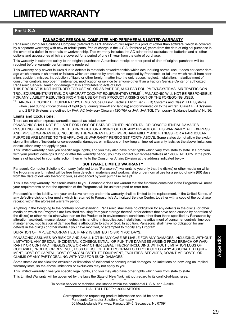 Limited warranty, For u.s.a | Panasonic CF-51 User Manual | Page 29 / 32