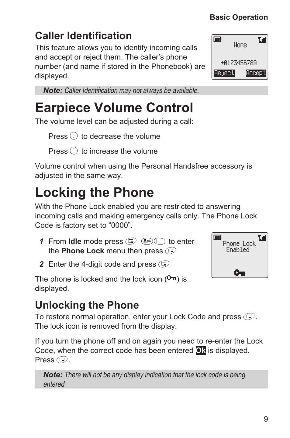 Earpiece volume control 9, Locking the phone 9, Earpiece volume control | Locking the phone, Caller identification, Unlocking the phone | Panasonic EB-GD35 User Manual | Page 13 / 70