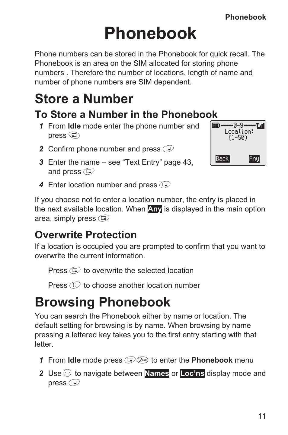 Phonebook 11, Store a number 11, Browsing phonebook 11 | Phonebook, Store a number, Browsing phonebook, Overwrite protection | Panasonic EB-GD35 User Manual | Page 15 / 70