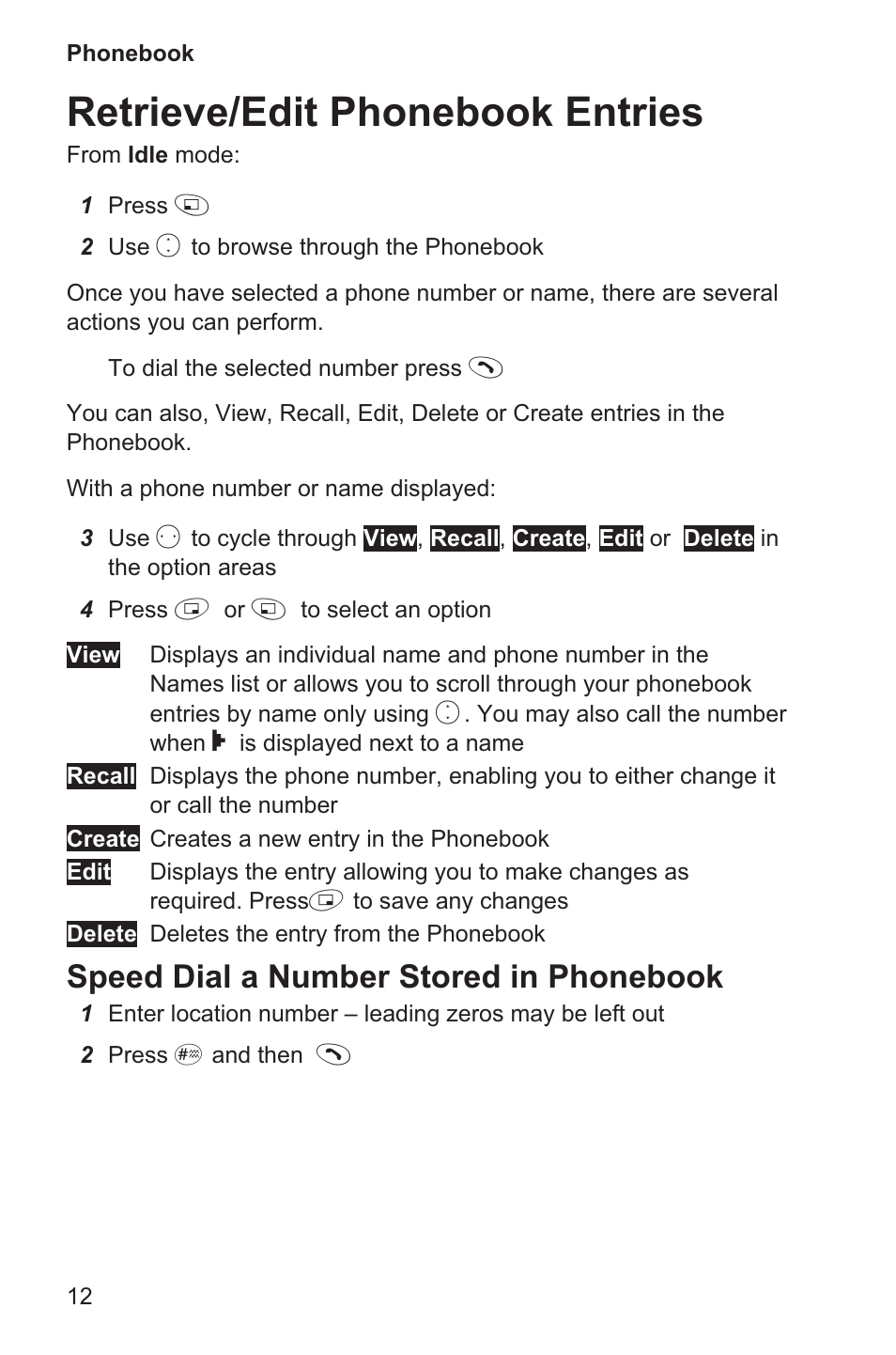 Retrieve/edit phonebook entries 12, Retrieve/edit phonebook entries, Speed dial a number stored in phonebook | Panasonic EB-GD35 User Manual | Page 16 / 70
