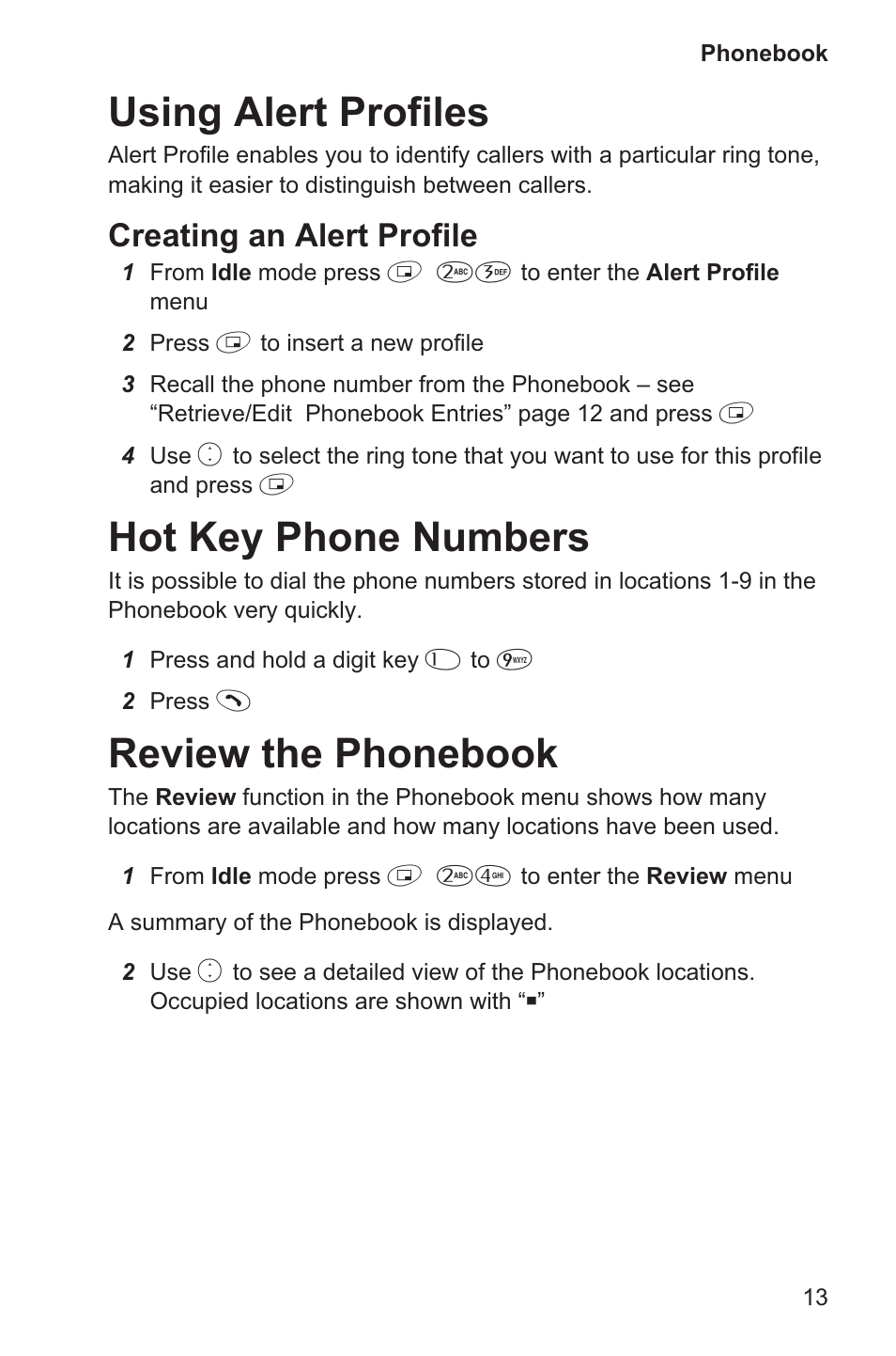 Using alert profiles 13, Hot key phone numbers 13, Review the phonebook 13 | Using alert profiles, Hot key phone numbers, Review the phonebook, Creating an alert profile | Panasonic EB-GD35 User Manual | Page 17 / 70