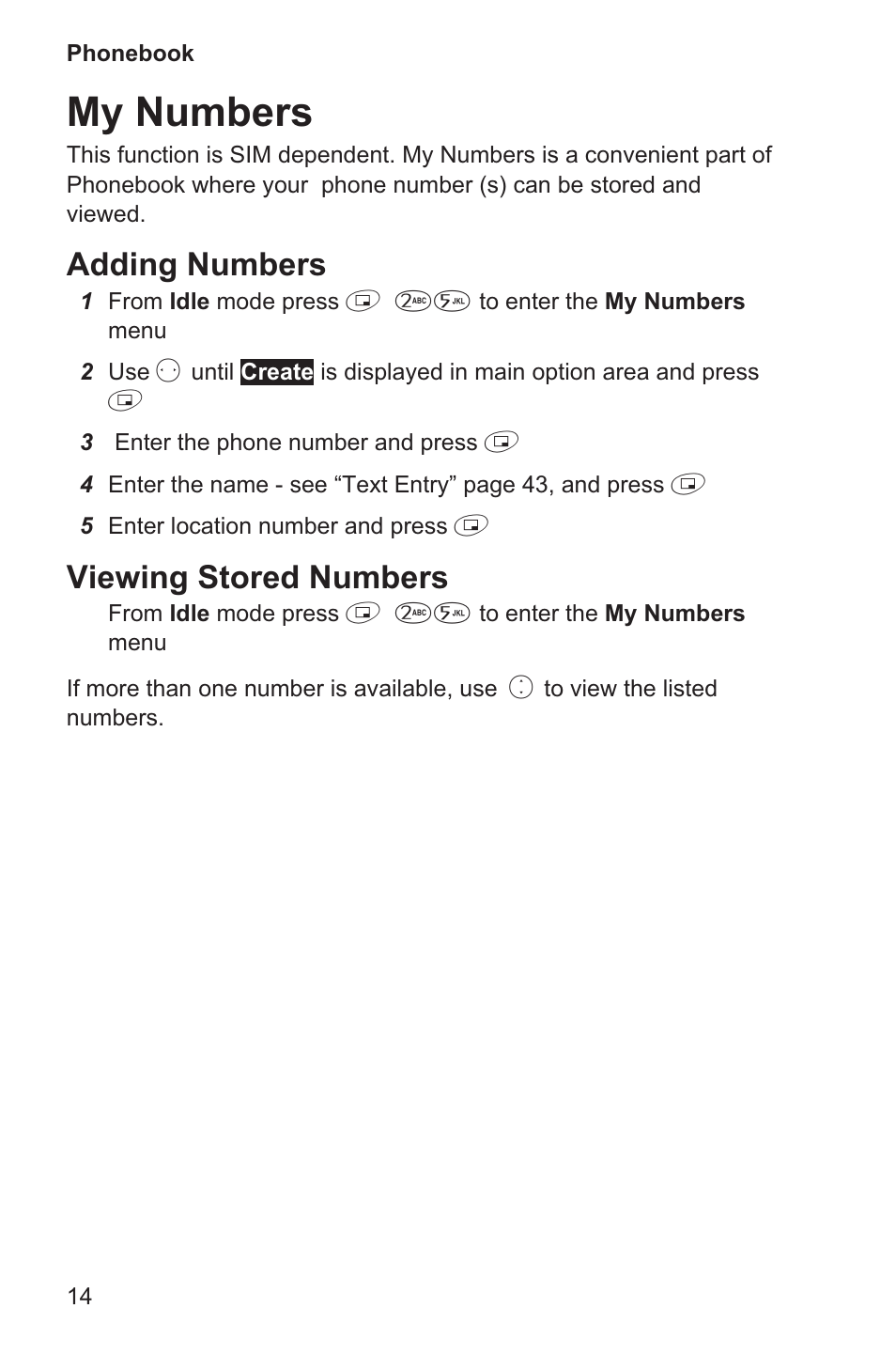 My numbers 14, My numbers, Adding numbers | Viewing stored numbers | Panasonic EB-GD35 User Manual | Page 18 / 70