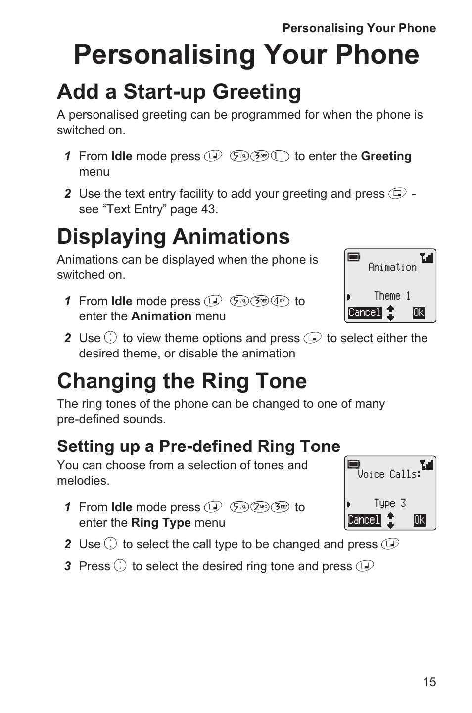 Personalising your phone 15, Add a start-up greeting 15, Displaying animations 15 | Changing the ring tone 15, Personalising your phone, Add a start-up greeting, Displaying animations, Changing the ring tone, Setting up a pre-defined ring tone | Panasonic EB-GD35 User Manual | Page 19 / 70