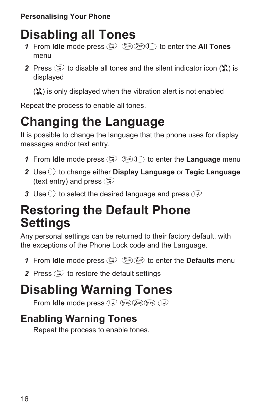 Disabling all tones 16, Changing the language 16, Restoring the default phone settings 16 | Disabling warning tones 16, Disabling all tones, Changing the language, Restoring the default phone settings, Disabling warning tones, Enabling warning tones | Panasonic EB-GD35 User Manual | Page 20 / 70