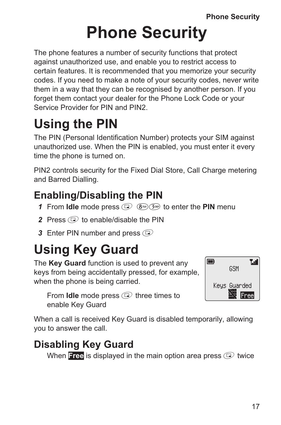 Phone security 17, Using the pin 17, Using key guard 17 | Phone security, Using the pin, Using key guard, Enabling/disabling the pin, Disabling key guard | Panasonic EB-GD35 User Manual | Page 21 / 70