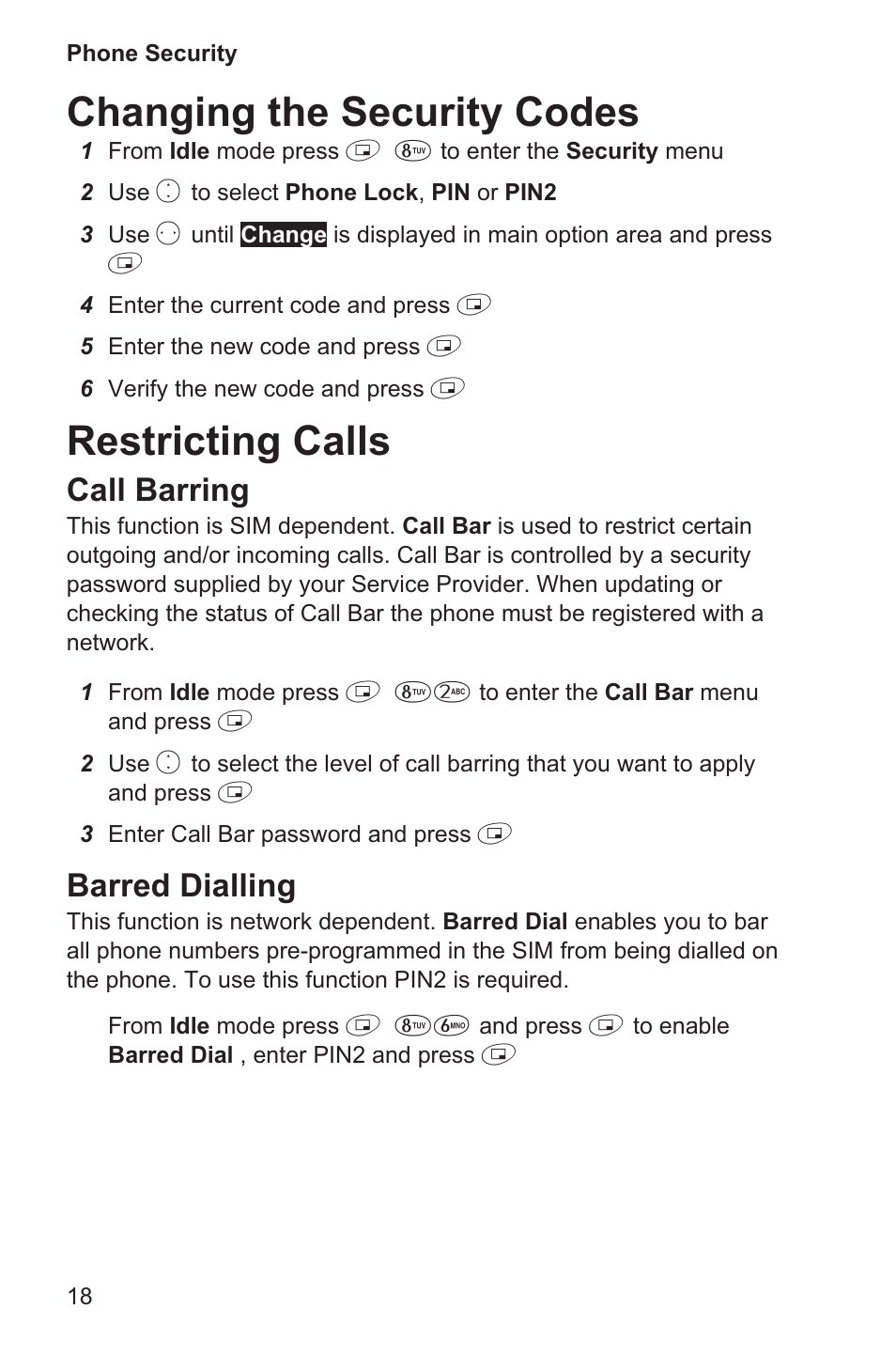 Changing the security codes 18, Restricting calls 18, Changing the security codes | Restricting calls, Call barring, Barred dialling | Panasonic EB-GD35 User Manual | Page 22 / 70