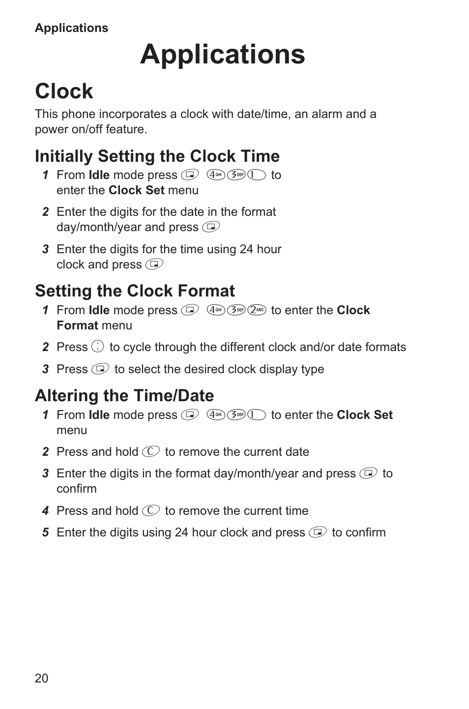 Applications 20, Clock 20, Applications | Clock, Initially setting the clock time, Setting the clock format, Altering the time/date | Panasonic EB-GD35 User Manual | Page 24 / 70