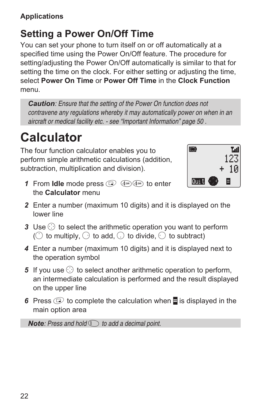 Calculator 22, Calculator, Setting a power on/off time | Panasonic EB-GD35 User Manual | Page 26 / 70