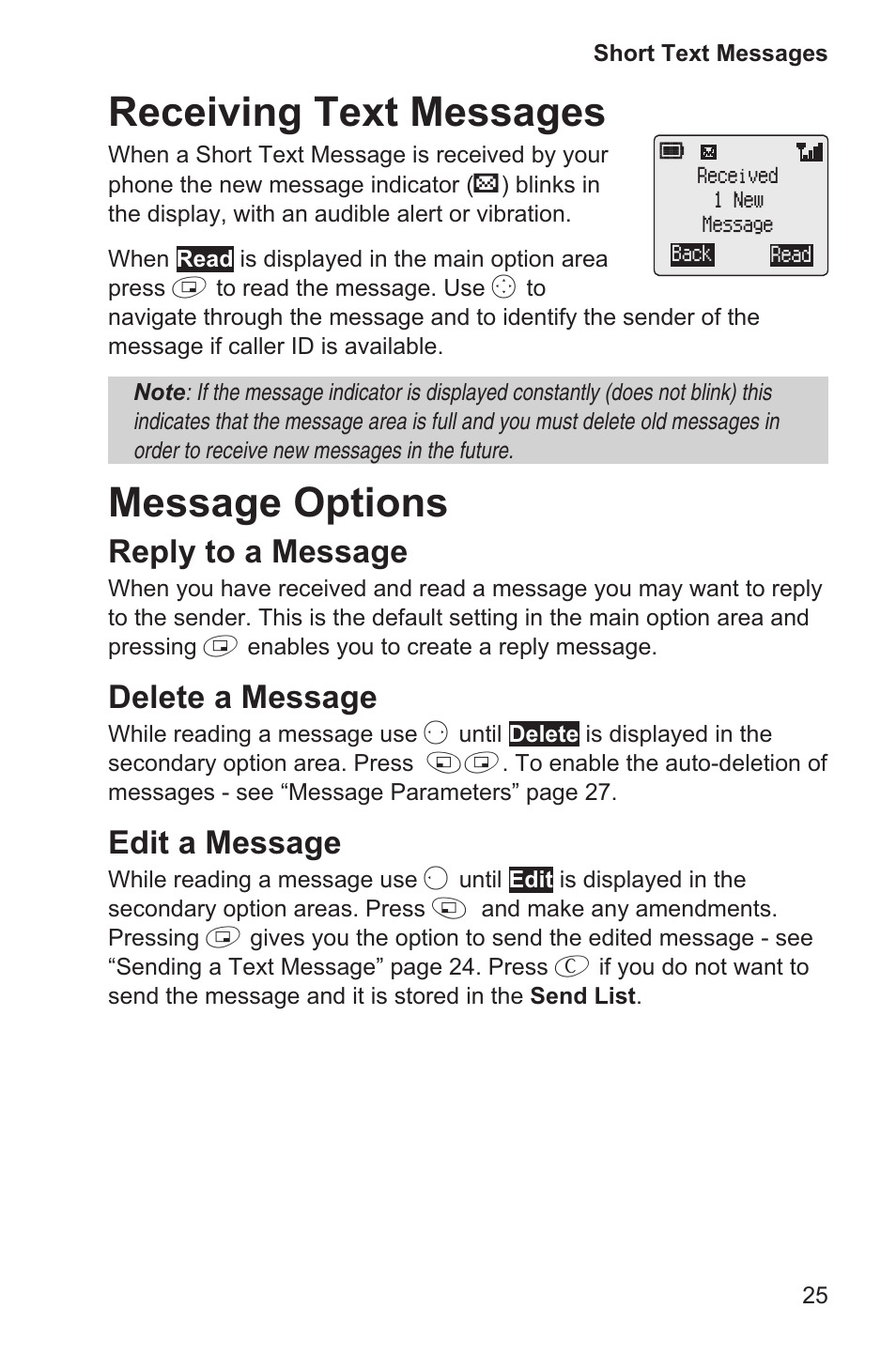 Receiving text messages 25, Message options 25, Receiving text messages | Message options, Reply to a message, Delete a message, Edit a message | Panasonic EB-GD35 User Manual | Page 29 / 70