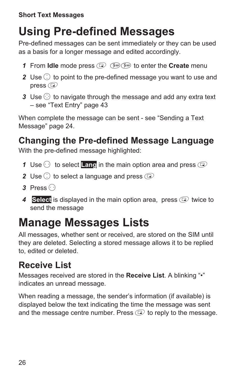 Using pre-defined messages 26, Manage messages lists 26, Using pre-defined messages | Manage messages lists, Changing the pre-defined message language, Receive list | Panasonic EB-GD35 User Manual | Page 30 / 70