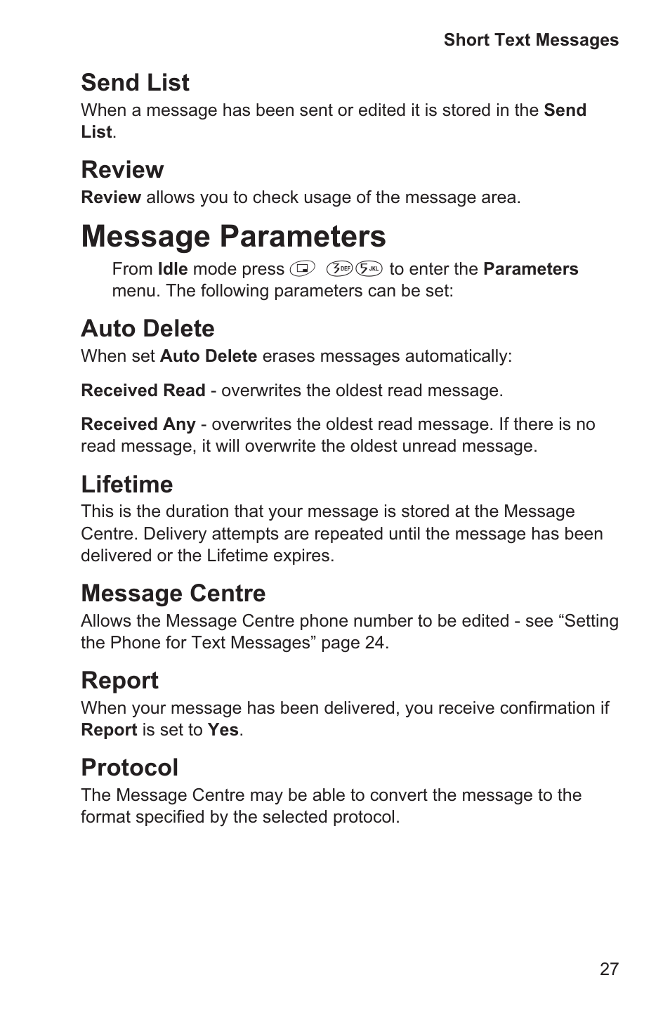 Message parameters 27, Message parameters, Send list | Review, Auto delete, Lifetime, Message centre, Report, Protocol | Panasonic EB-GD35 User Manual | Page 31 / 70