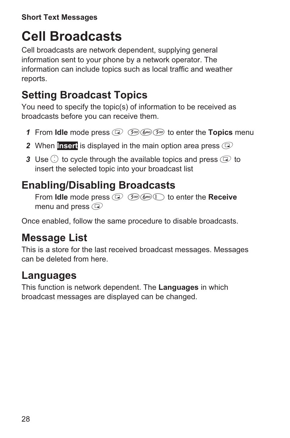 Cell broadcasts 28, Cell broadcasts, Setting broadcast topics | Enabling/disabling broadcasts, Message list, Languages | Panasonic EB-GD35 User Manual | Page 32 / 70