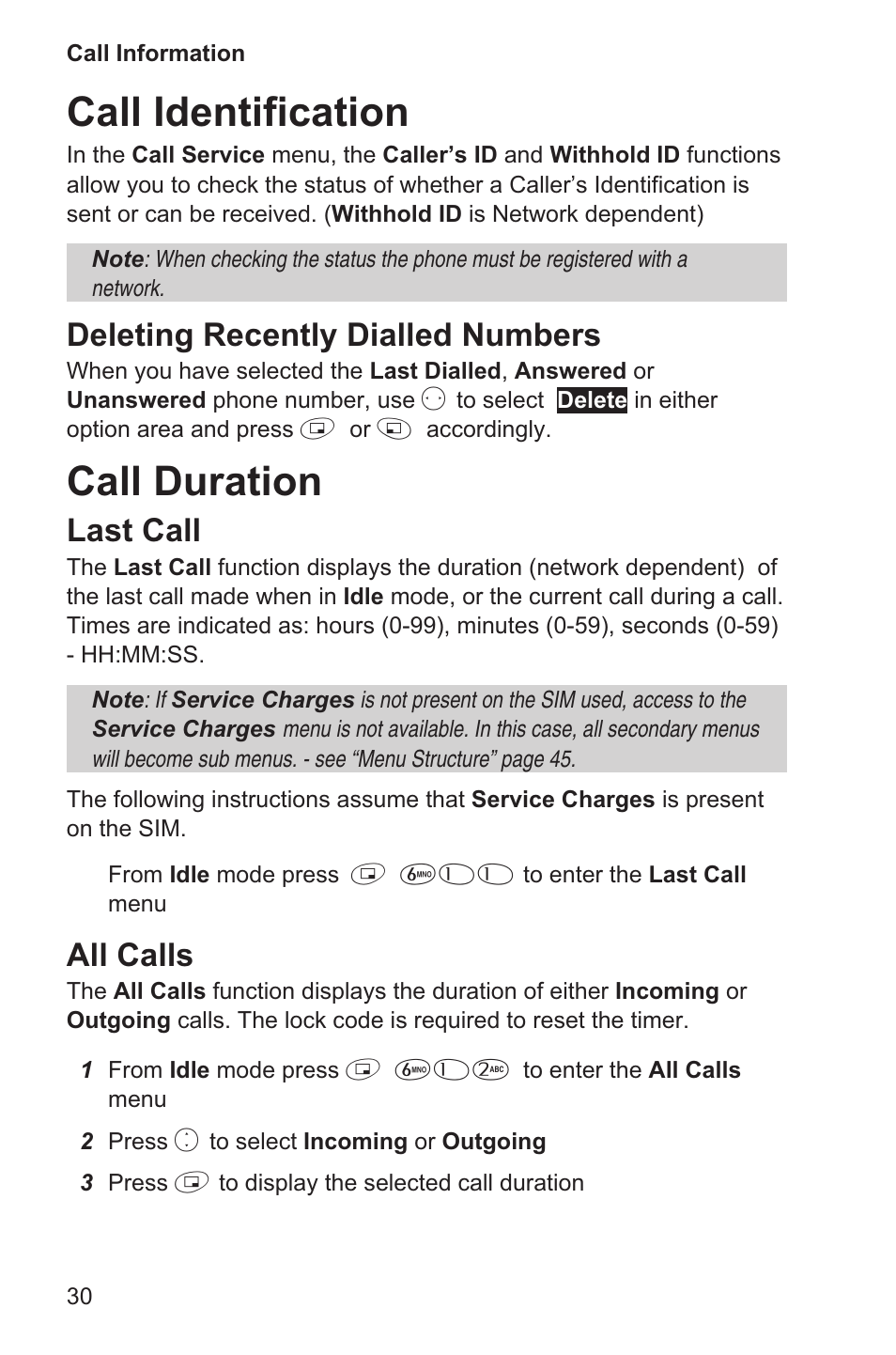 Call identification 30, Call duration 30, Call identification | Call duration, Deleting recently dialled numbers, Last call, All calls | Panasonic EB-GD35 User Manual | Page 34 / 70