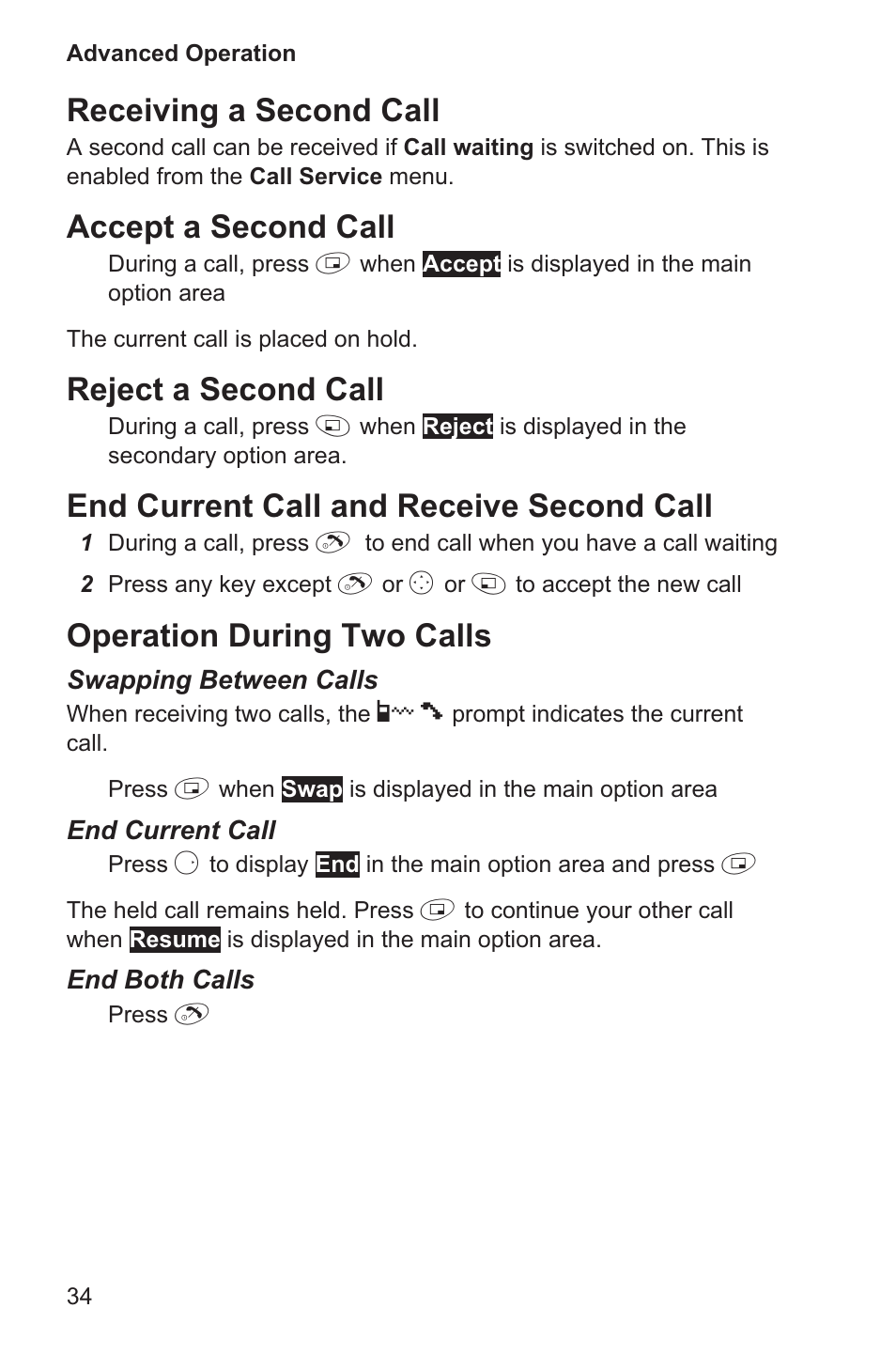 Receiving a second call, Accept a second call, Reject a second call | End current call and receive second call, Operation during two calls | Panasonic EB-GD35 User Manual | Page 38 / 70
