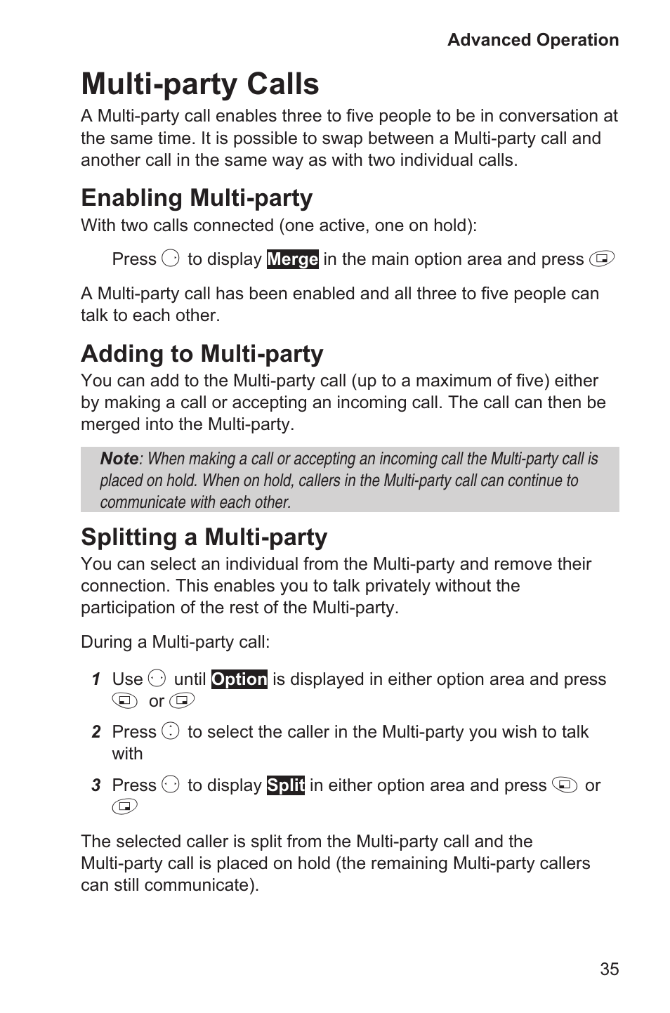 Multi-party calls 35, Multi-party calls, Enabling multi-party | Adding to multi-party, Splitting a multi-party | Panasonic EB-GD35 User Manual | Page 39 / 70