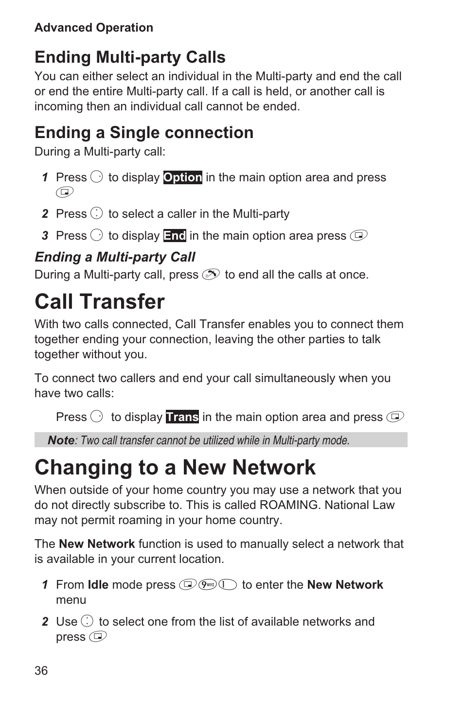 Call transfer 36, Changing to a new network 36, Call transfer | Changing to a new network, Ending multi-party calls, Ending a single connection | Panasonic EB-GD35 User Manual | Page 40 / 70