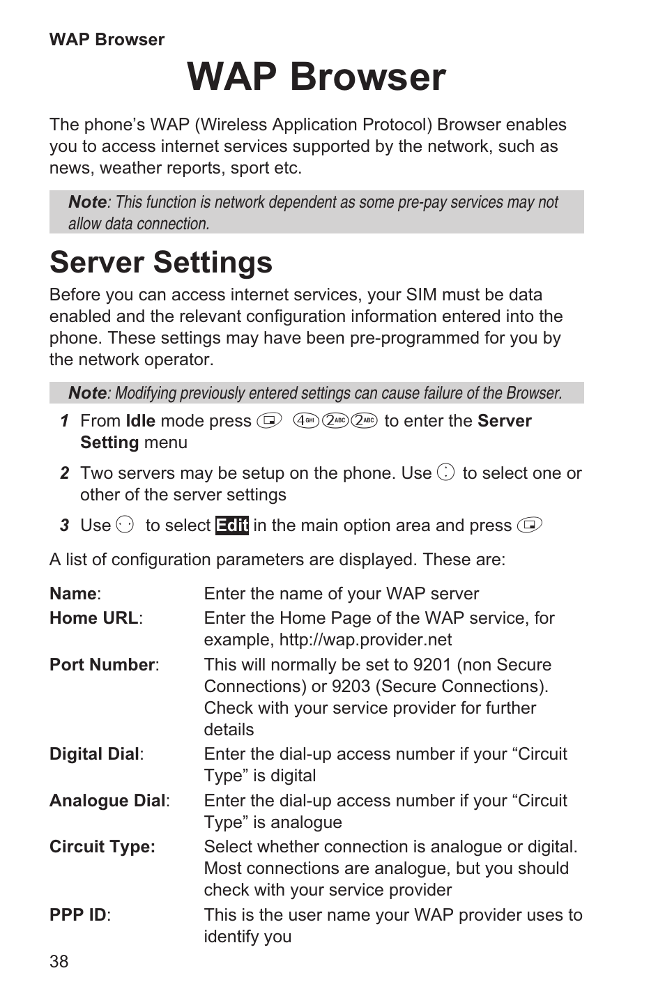 Wap browser 38, Server settings 38, Wap browser | Server settings | Panasonic EB-GD35 User Manual | Page 42 / 70