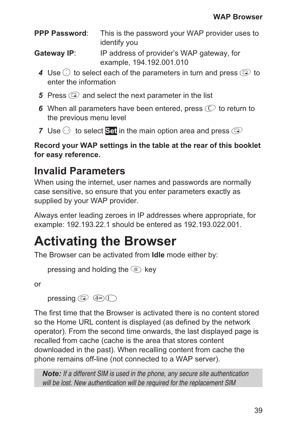 Activating the browser 39, Activating the browser, Invalid parameters | Panasonic EB-GD35 User Manual | Page 43 / 70