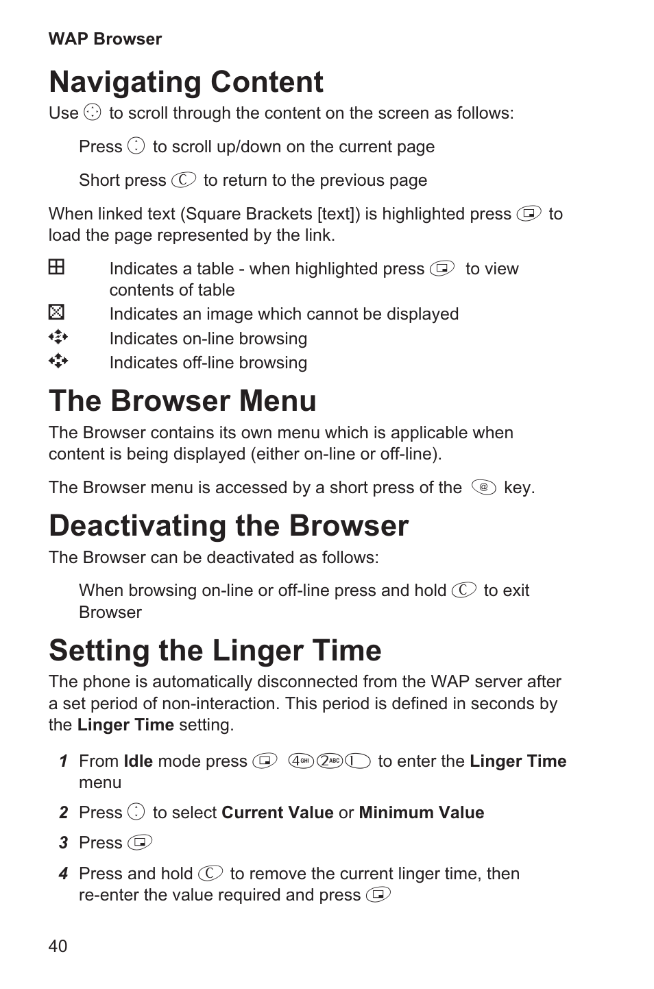 Navigating content 40, The browser menu 40, Deactivating the browser 40 | Setting the linger time 40, Navigating content, The browser menu, Deactivating the browser, Setting the linger time | Panasonic EB-GD35 User Manual | Page 44 / 70