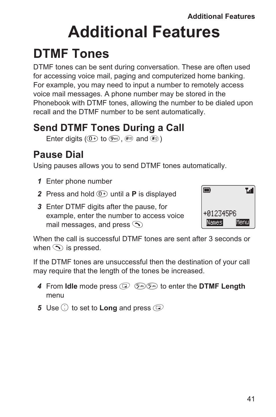 Additional features 41, Dtmf tones 41, Additional features | Dtmf tones, Send dtmf tones during a call, Pause dial | Panasonic EB-GD35 User Manual | Page 45 / 70