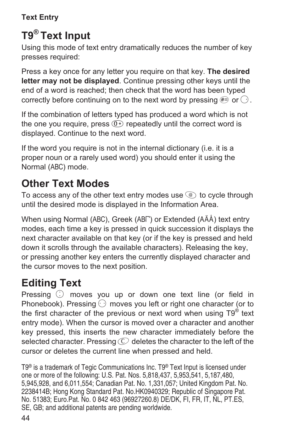 Text input, Other text modes, Editing text | Panasonic EB-GD35 User Manual | Page 48 / 70