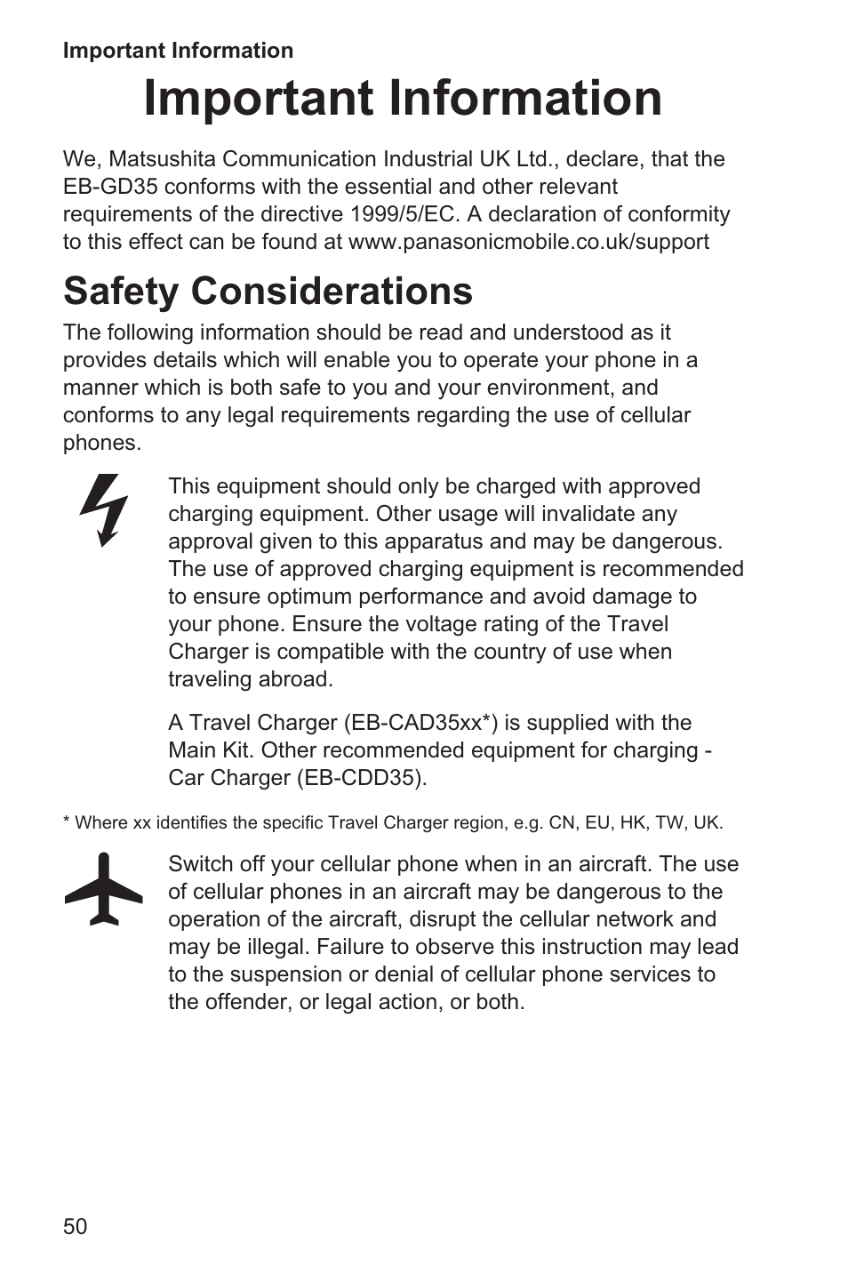 Important information 50, Safety considerations 50, Important information | Safety considerations | Panasonic EB-GD35 User Manual | Page 54 / 70