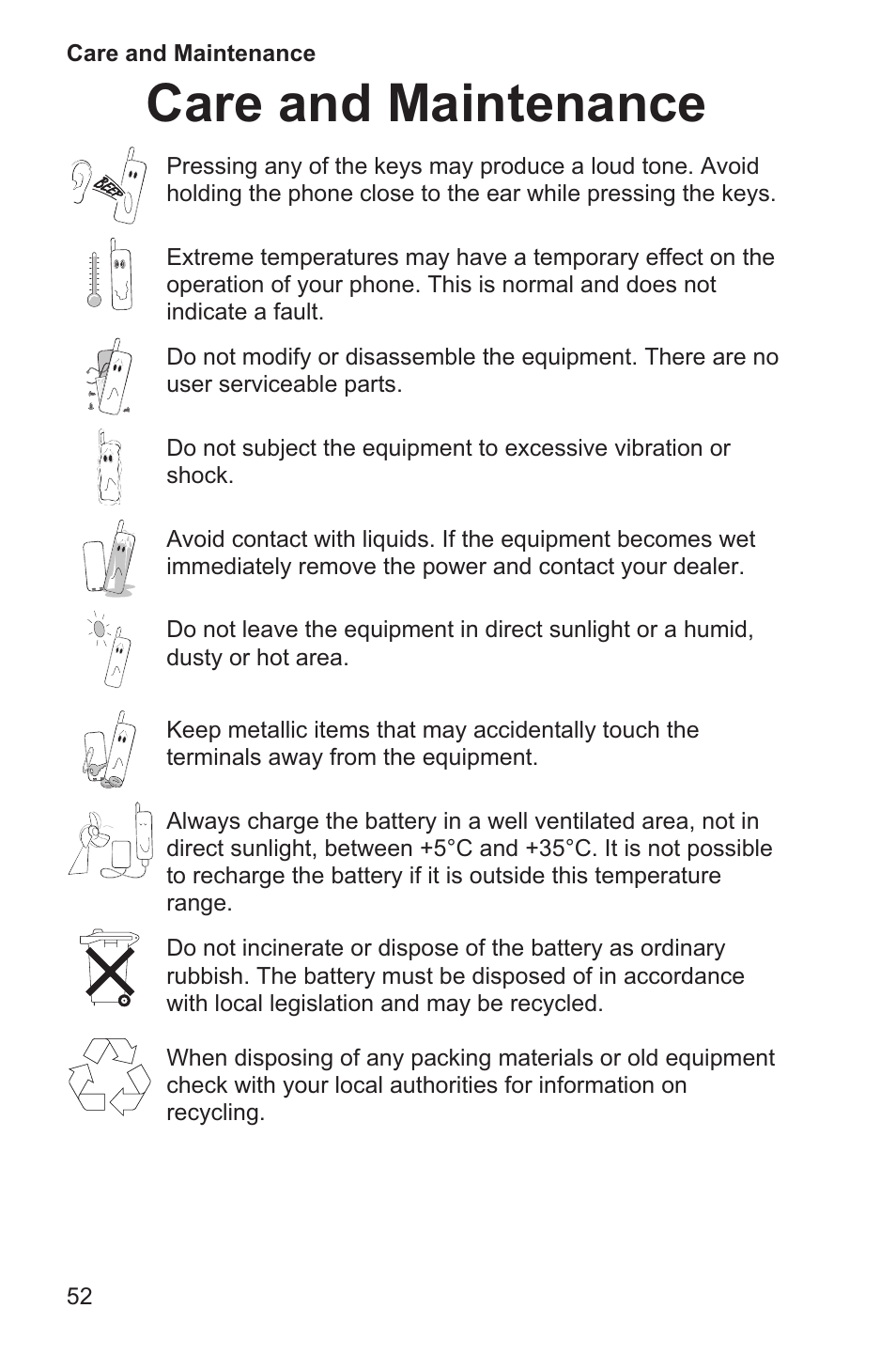 Care and maintenance 52, Care and maintenance | Panasonic EB-GD35 User Manual | Page 56 / 70