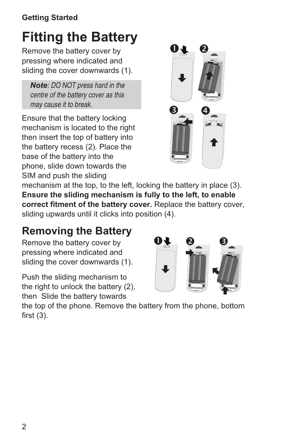 Fitting the battery 2, Fitting the battery, Removing the battery | Panasonic EB-GD35 User Manual | Page 6 / 70