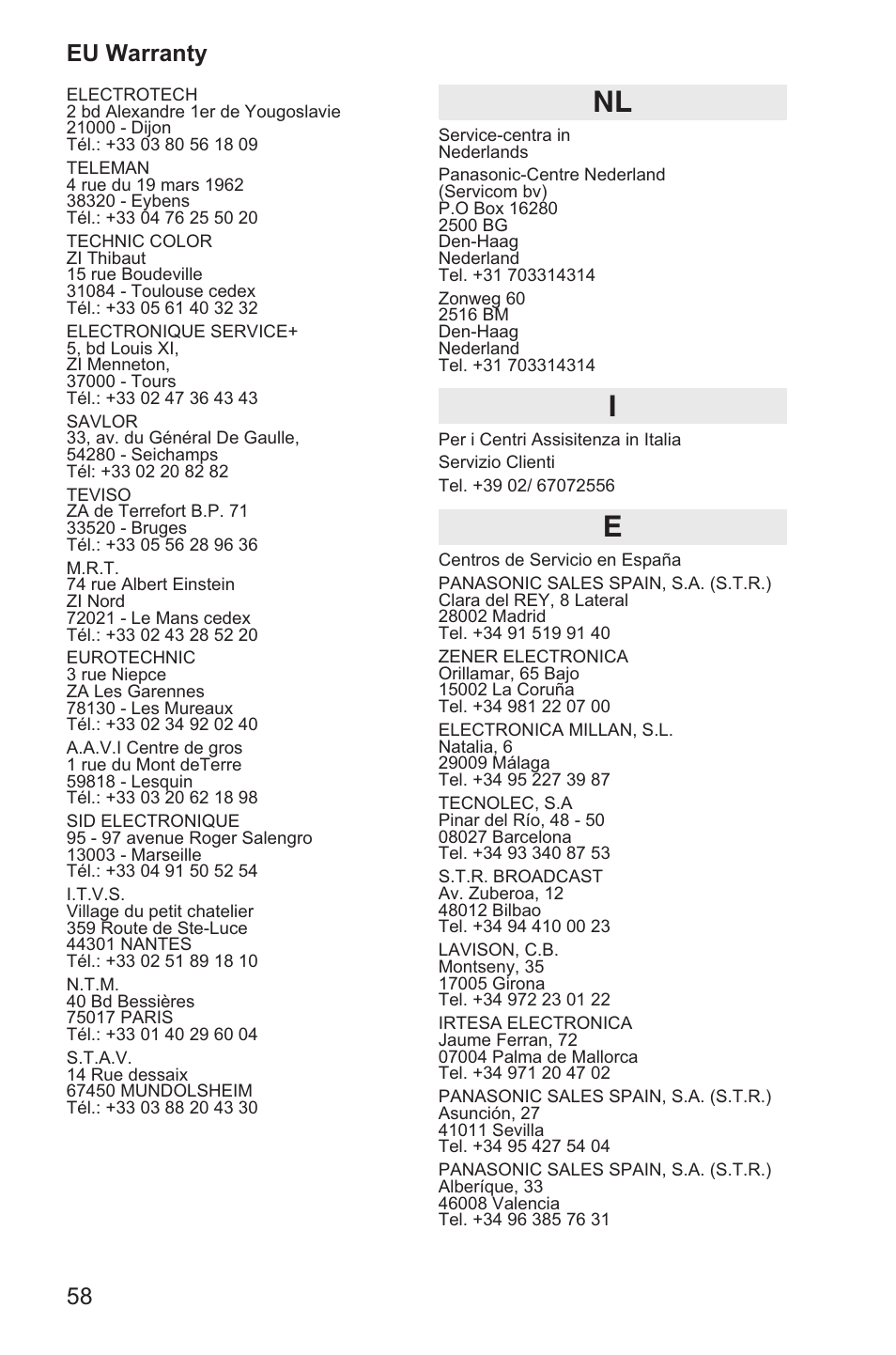 58 eu warranty | Panasonic EB-GD35 User Manual | Page 62 / 70