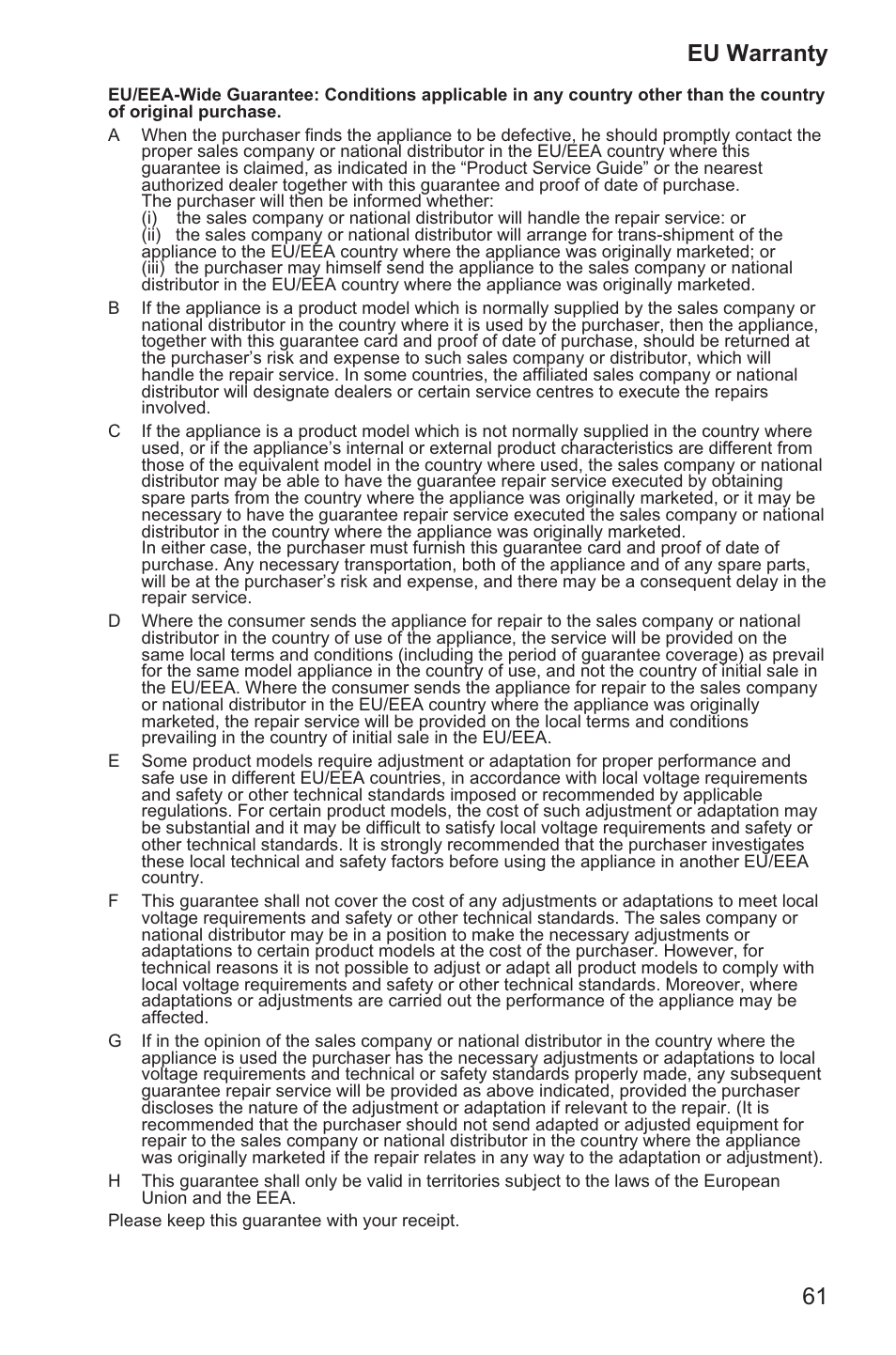 61 eu warranty | Panasonic EB-GD35 User Manual | Page 65 / 70