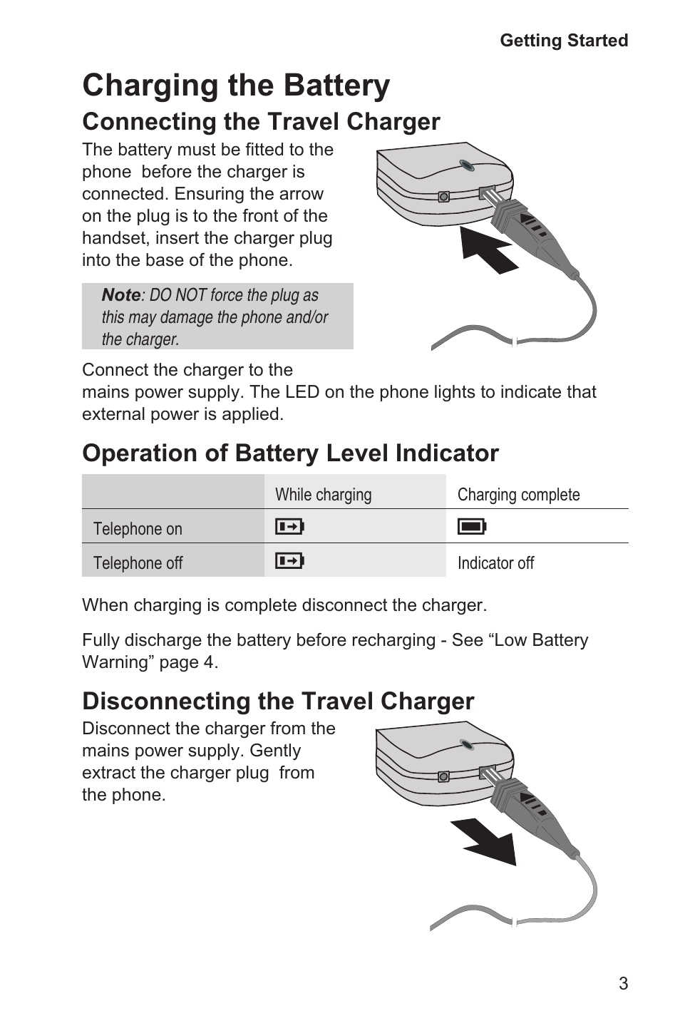 Charging the battery 3, Charging the battery, Connecting the travel charger | Operation of battery level indicator, Disconnecting the travel charger | Panasonic EB-GD35 User Manual | Page 7 / 70