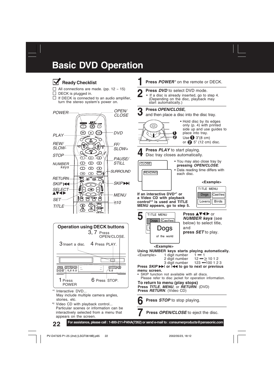 Basic dvd operation, Dogs, Ready checklist | Operation using deck buttons | Panasonic PV-D4732 User Manual | Page 22 / 60