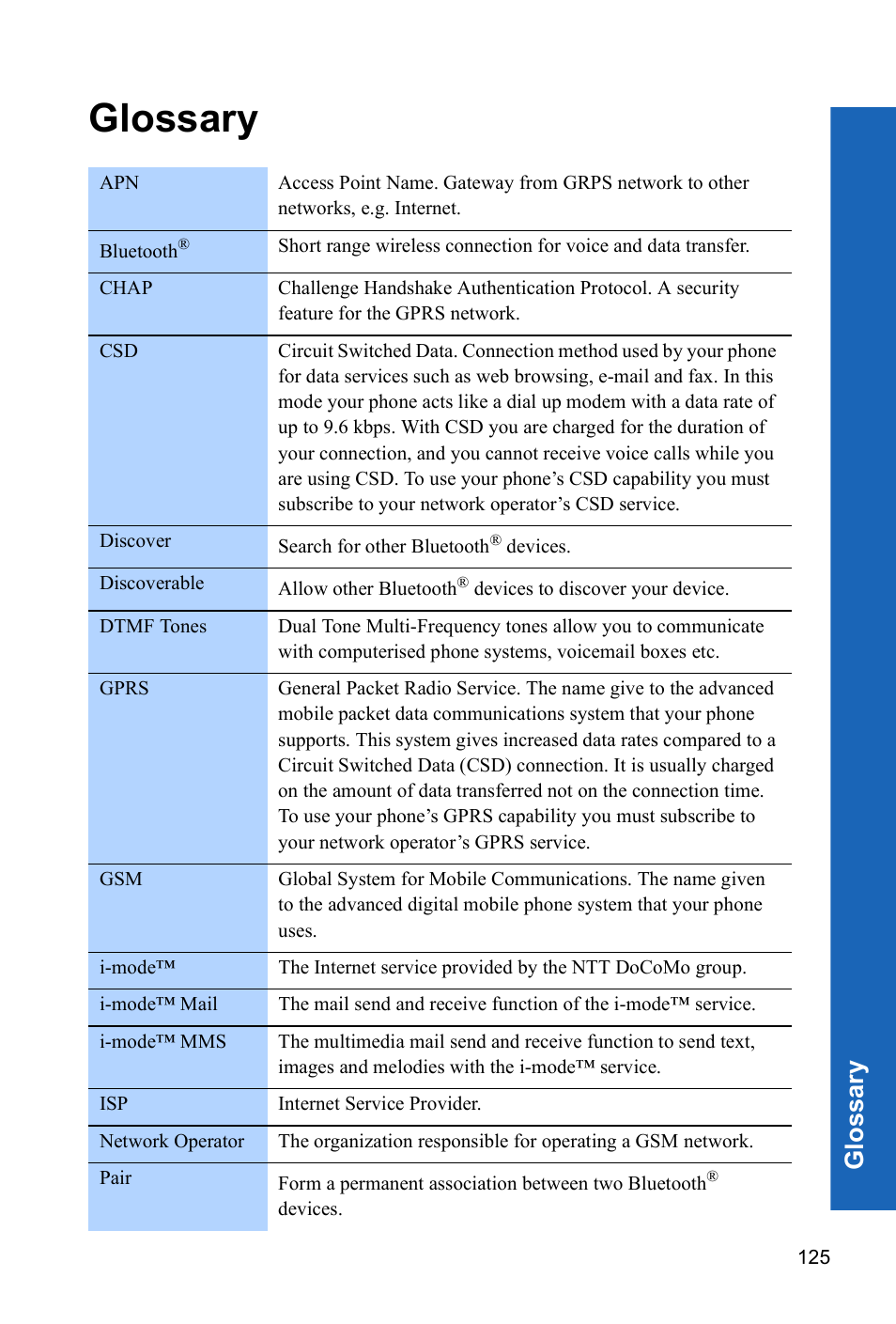 Glossary, Glos sar y | Panasonic P341i User Manual | Page 124 / 144
