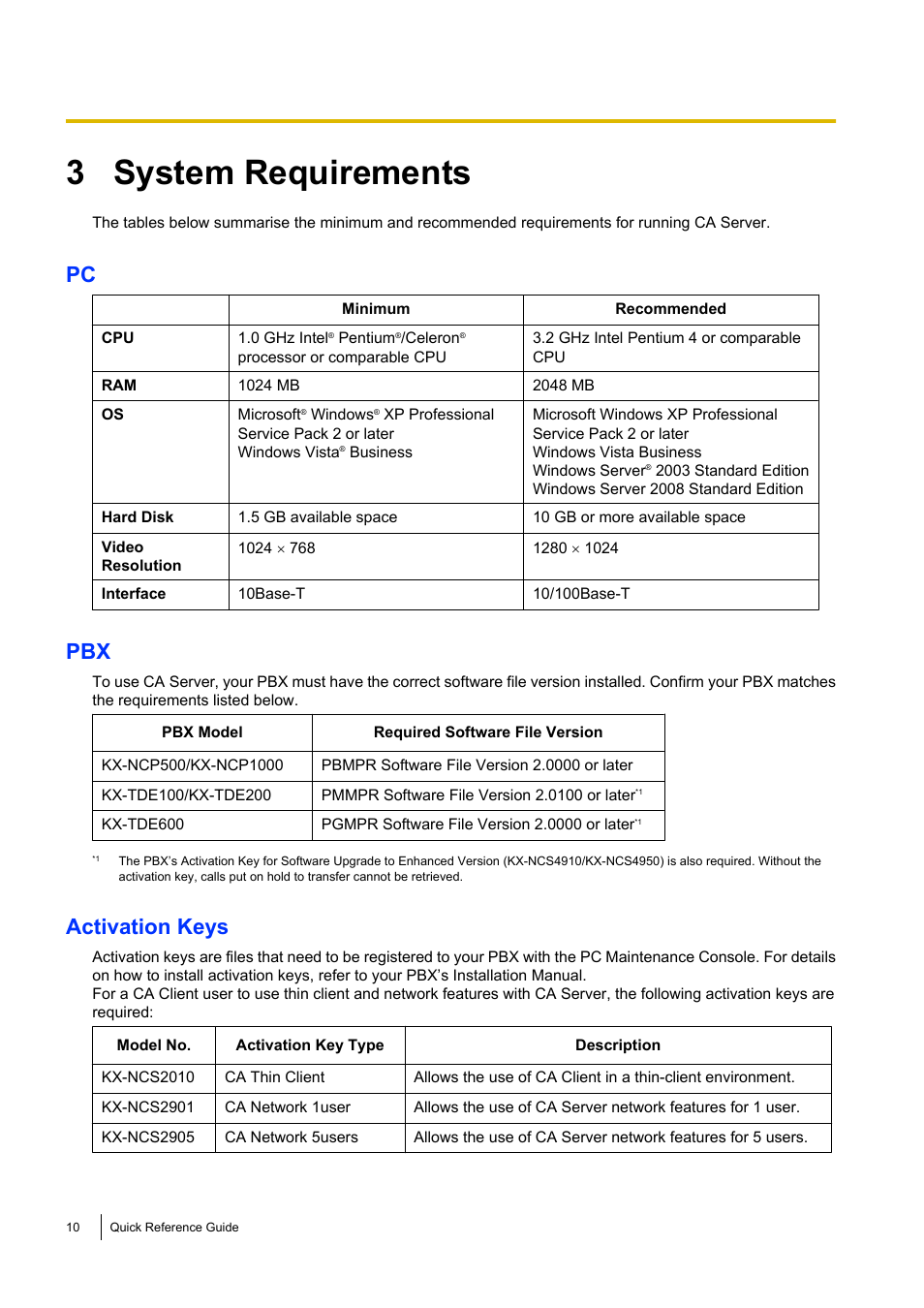 3 system requirements, System requirements, Activation keys | Panasonic KX-TDE User Manual | Page 10 / 16