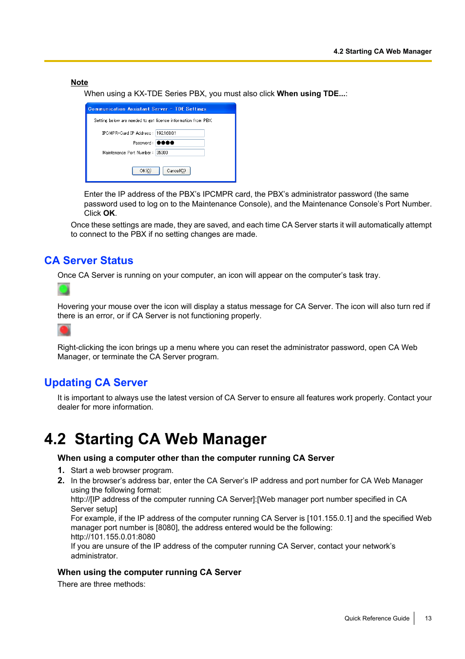 2 starting ca web manager, Starting ca web manager, Ca server status | Updating ca server | Panasonic KX-TDE User Manual | Page 13 / 16