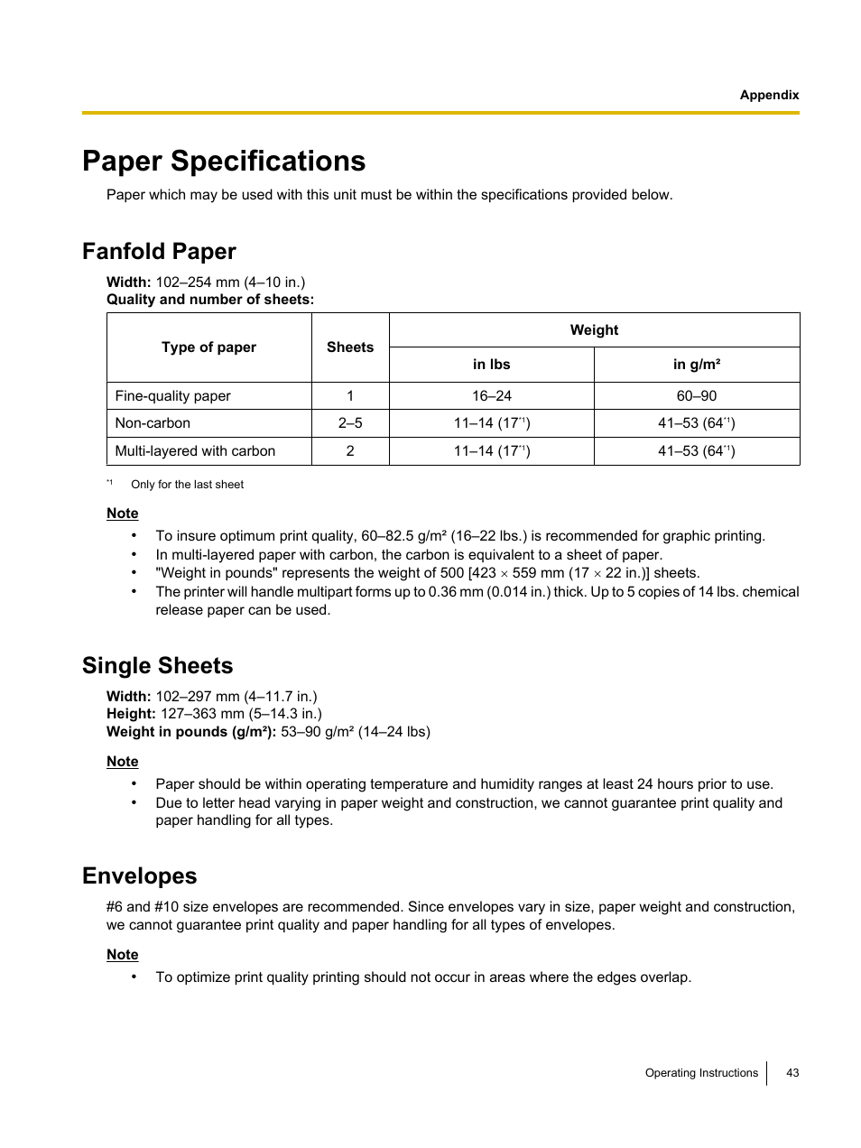Paper specifications, Fanfold paper, Single sheets | Envelopes | Panasonic KX-P1131E User Manual | Page 43 / 49