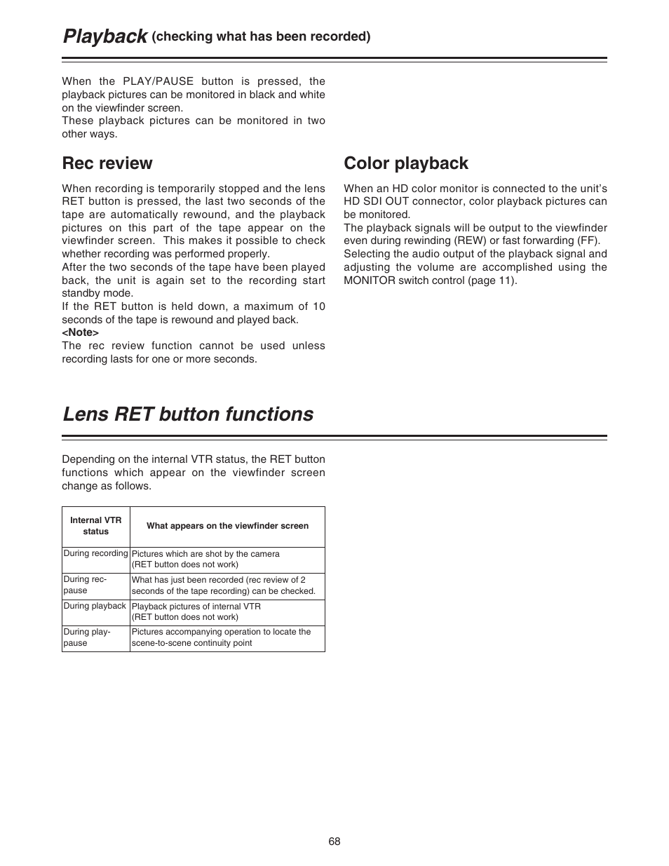 Playback (checking what has been recorded), Rec review, Color playback | Lens ret button functions, Playback | Panasonic AJ-HDC27A User Manual | Page 68 / 116
