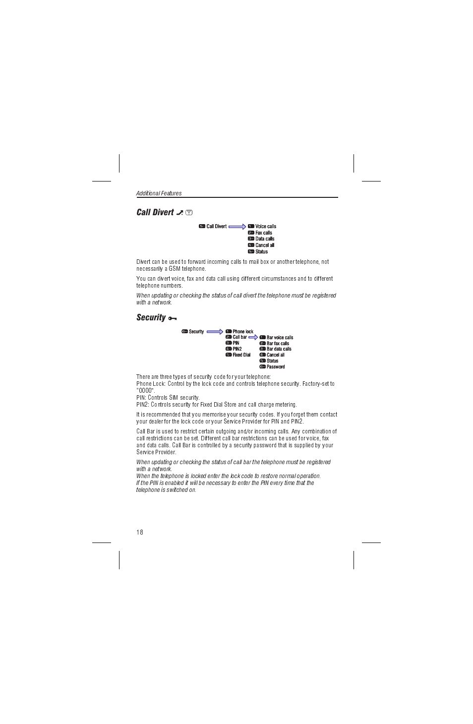 Call divert, Security | Panasonic EB-G450 User Manual | Page 22 / 32
