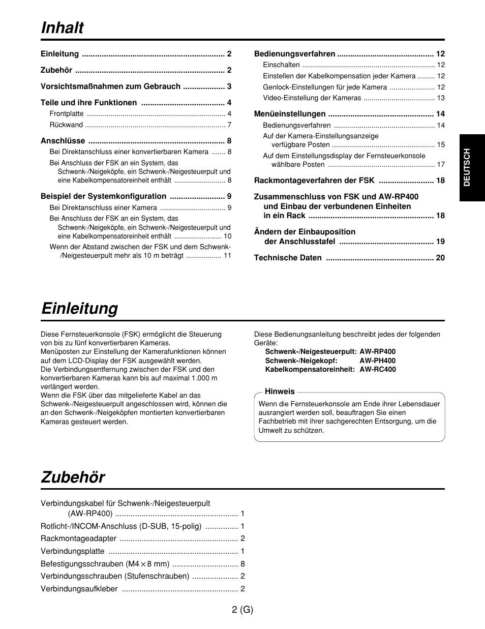 Zubehör einleitung inhalt | Panasonic AW-CB400L User Manual | Page 23 / 104