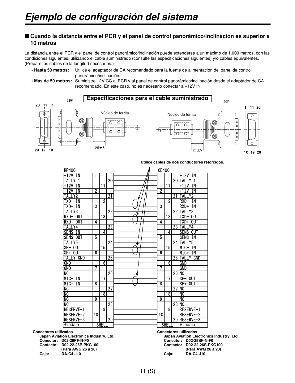 Ejemplo de configuración del sistema, 11 (s), Especificaciones para el cable suministrado | Panasonic AW-CB400L User Manual | Page 92 / 104