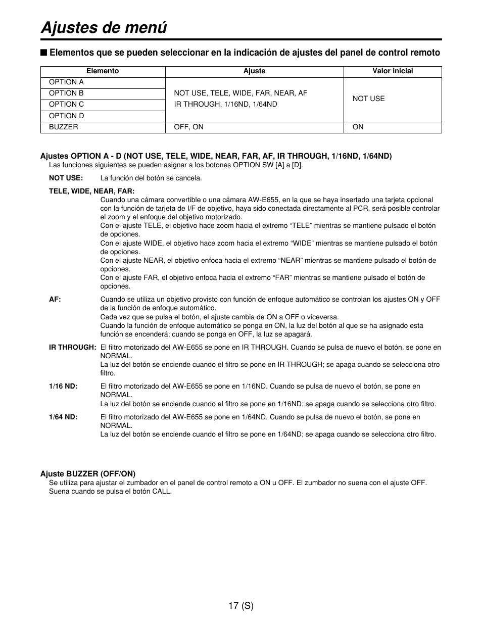 Ajustes de menú | Panasonic AW-CB400L User Manual | Page 98 / 104