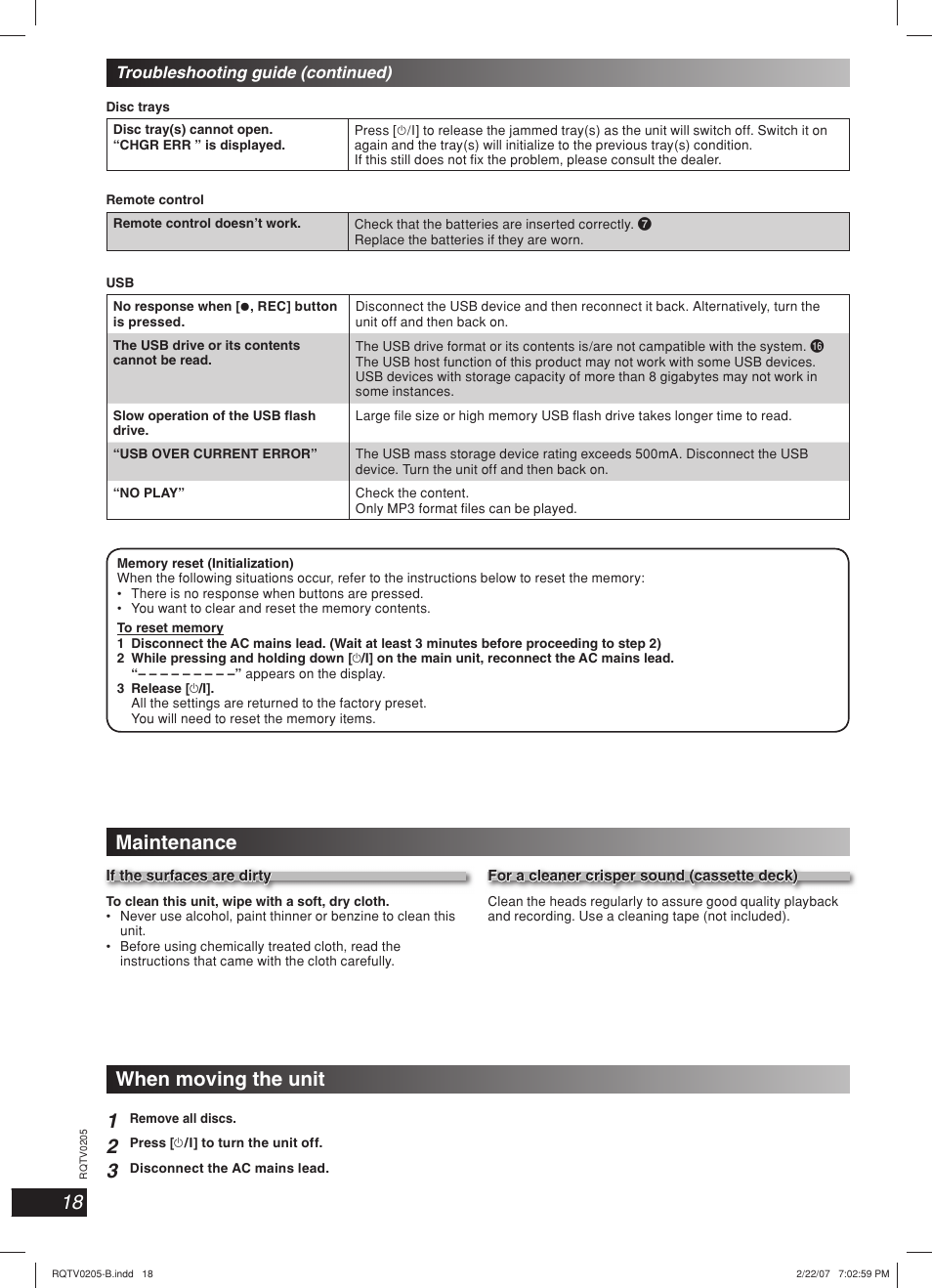 Maintenance, When moving the unit 1 | Panasonic SC-AK750 User Manual | Page 18 / 20