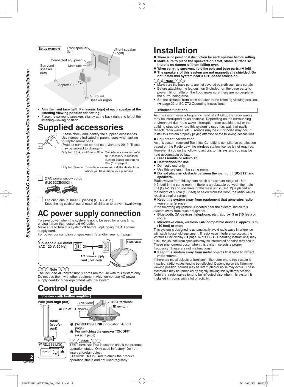 Installation, Supplied accessories, Ac power supply connection | Control guide | Panasonic SB-ZT2 User Manual | Page 2 / 8