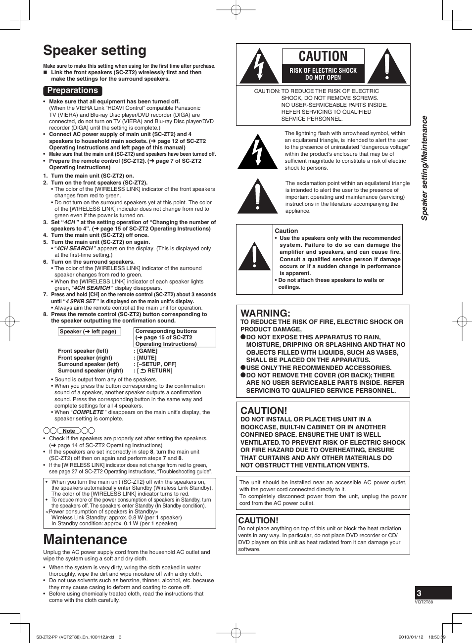 Speaker setting, Maintenance, Caution | Warning, Preparations | Panasonic SB-ZT2 User Manual | Page 3 / 8