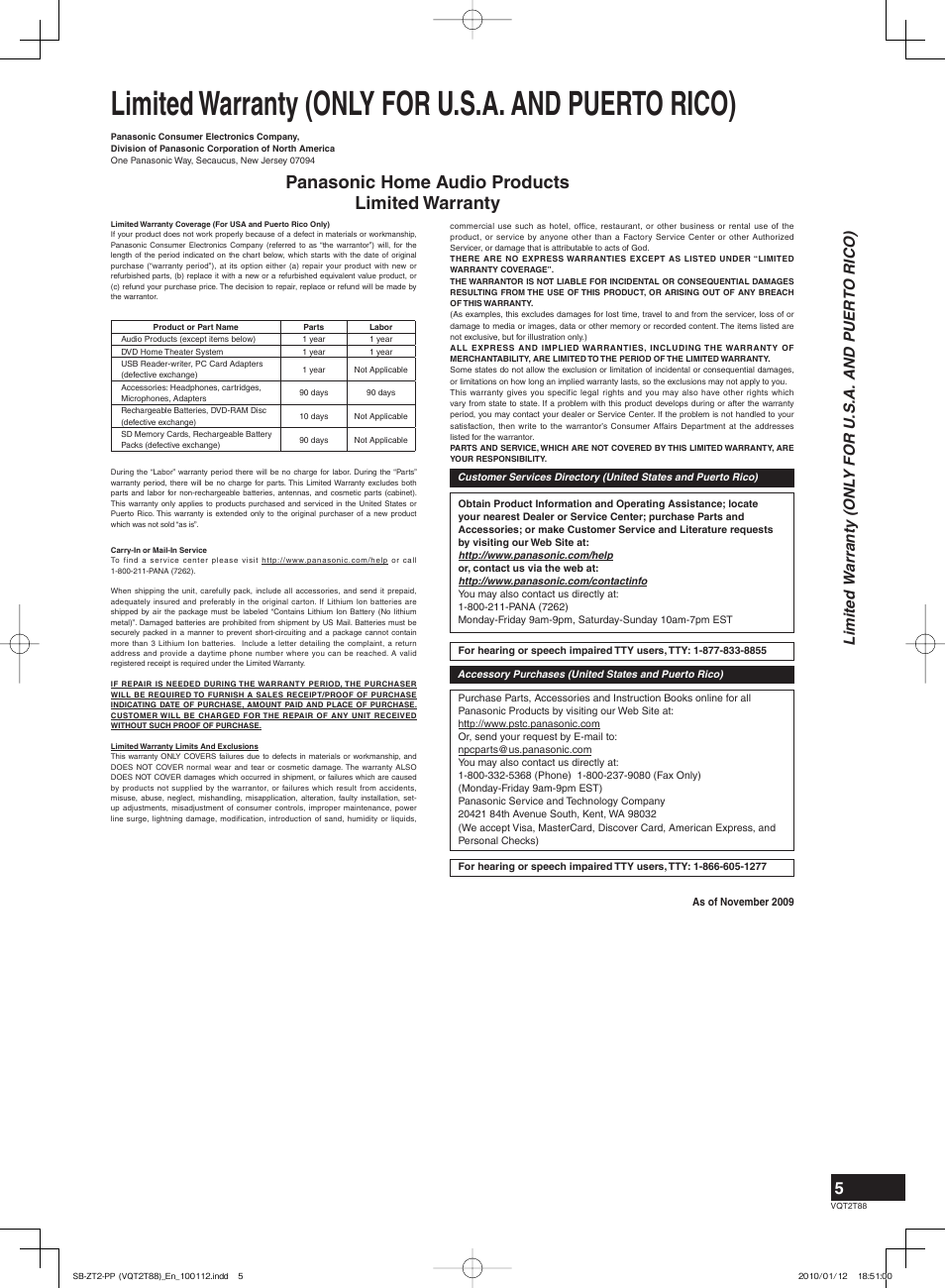 Limited warranty (only for u.s.a. and puerto rico), Panasonic home audio products limited warranty | Panasonic SB-ZT2 User Manual | Page 5 / 8