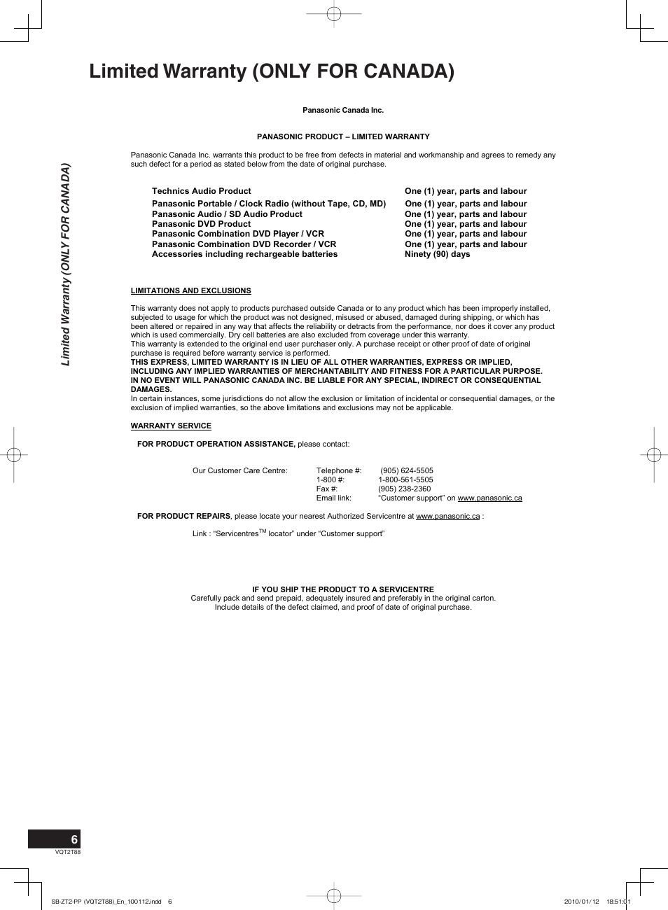 Limited warranty (only for canada), Limited warranty (onl y for canada) | Panasonic SB-ZT2 User Manual | Page 6 / 8