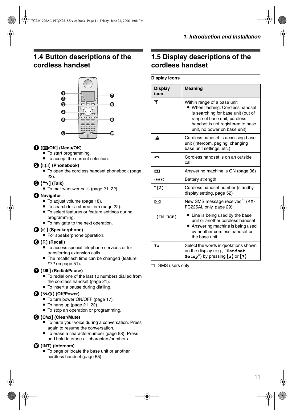 4 button descriptions of the cordless handset, 5 display descriptions of the cordless handset, Button descriptions of the cordless handset | Display descriptions of the cordless handset, 4 button descriptions of the cordless handset, 5 display descriptions of the cordless handset | Panasonic KX-FC225NZ User Manual | Page 11 / 80